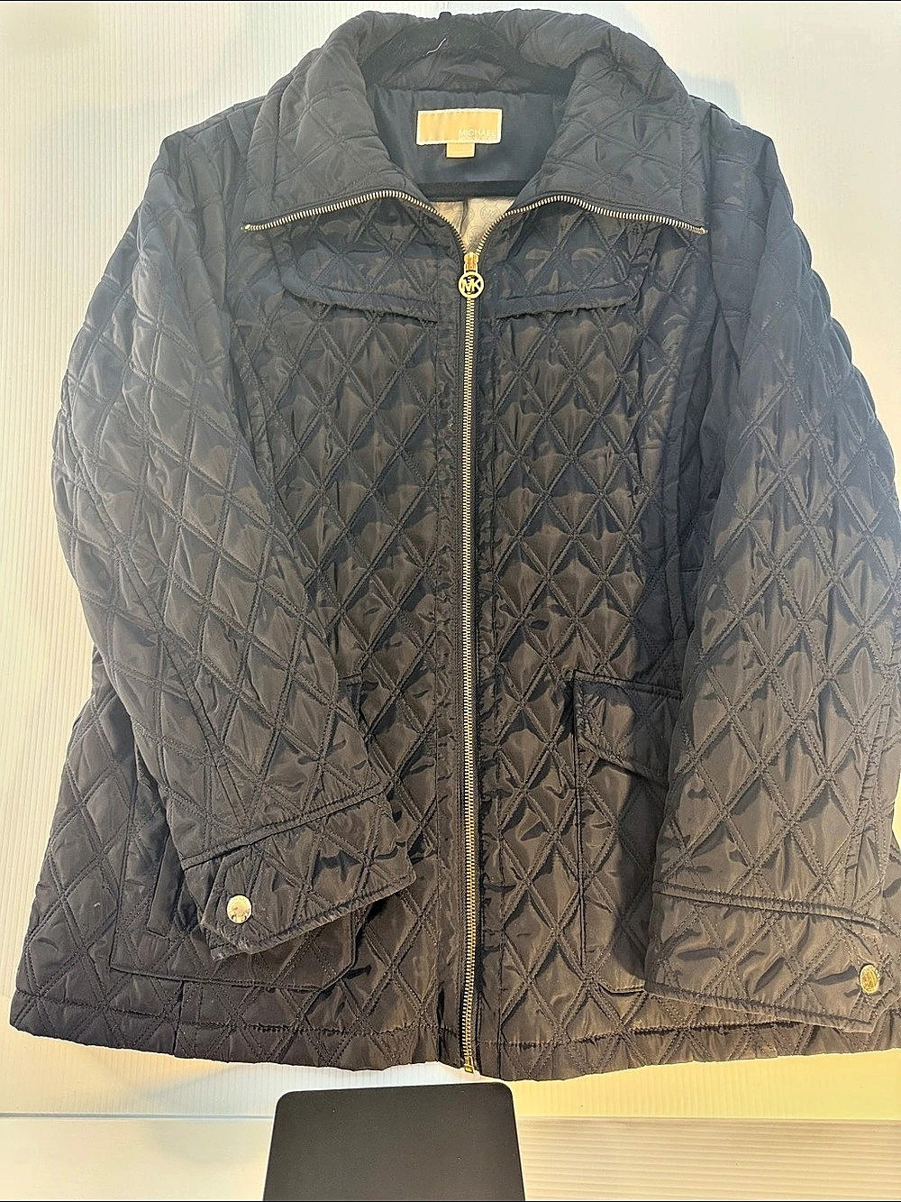 Michael Kors Quilted Navy Blue Jacket, Front Lower Pockets, Gold Hardware